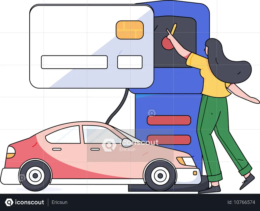 Une femme paie sa facture de carte de crédit à une pompe à essence  Illustration