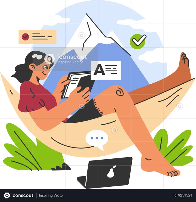 Une femme partage des mails depuis la plage  Illustration