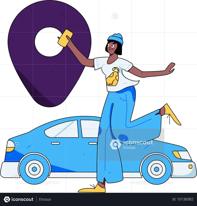 Une femme partage sa position actuelle pour sa réservation de taxi  Illustration