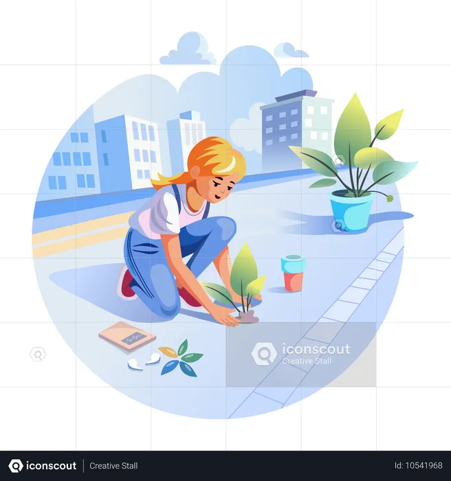 Une femme plantant des plantes au bord de la route  Illustration