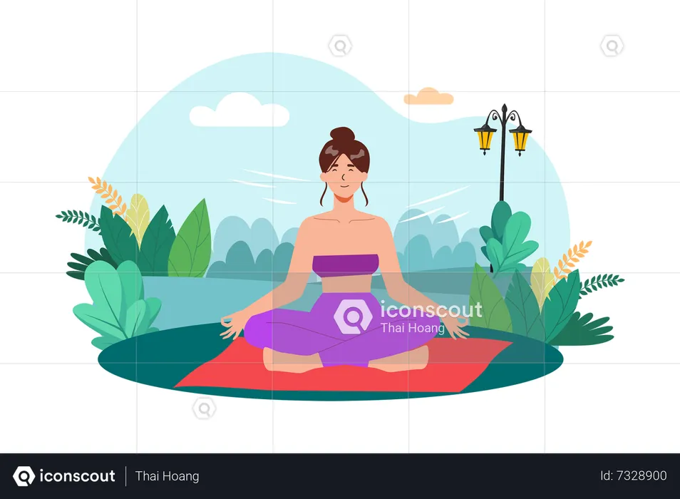 Une femme pratique la méditation dans un jardin paisible pour commencer sa journée avec calme  Illustration