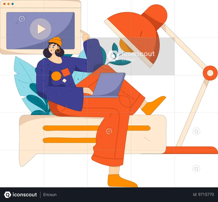 Une femme regarde des vidéos en ligne pour en tirer des leçons  Illustration