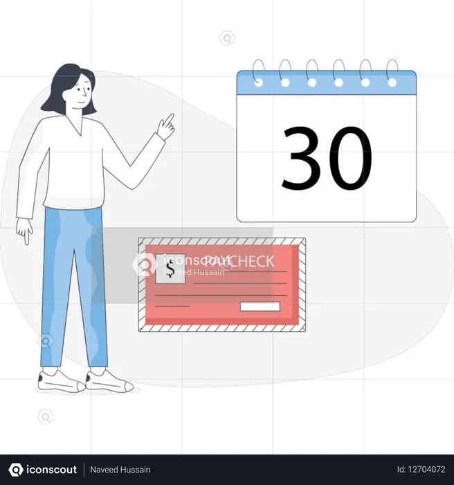 Une femme se tient à côté d'un calendrier affichant un compte à rebours de 30 jours indiquant un événement ou une échéance à venir  Illustration