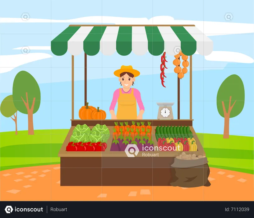 Une femme vend des légumes dans un magasin de légumes au marché  Illustration