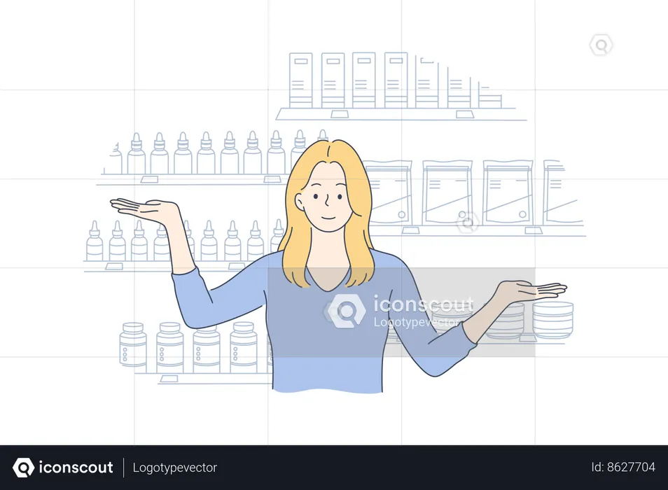 La fille est debout au magasin de pharmacie  Illustration