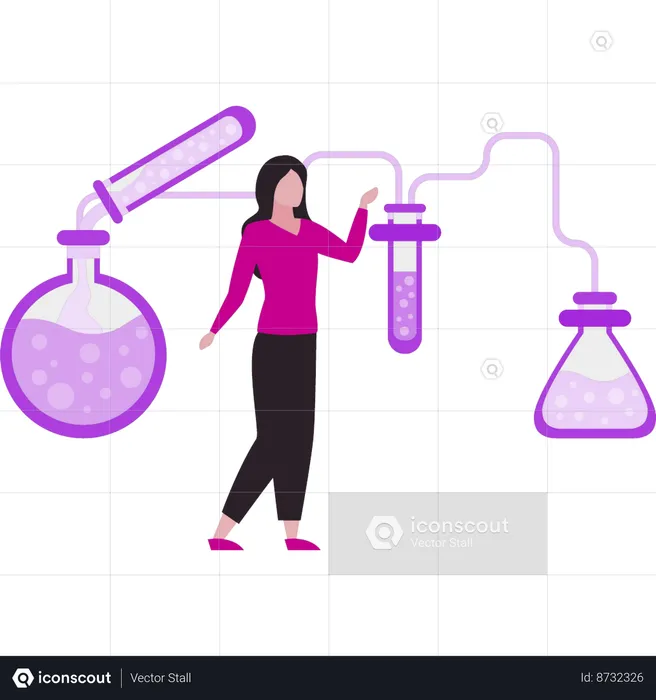 Une fille est debout dans un laboratoire de chimie  Illustration