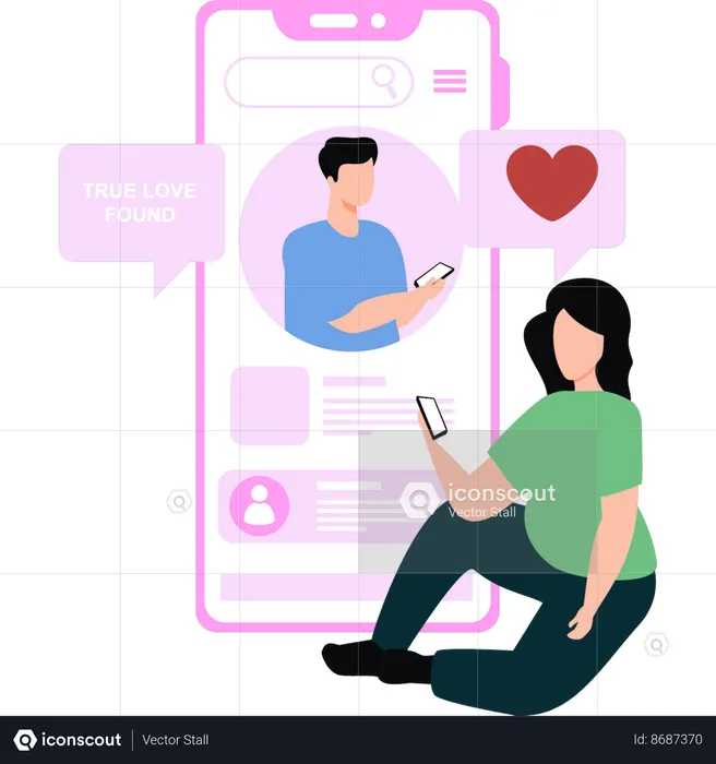 Une fille regarde le profil d'un homme sur une application de rencontres en ligne  Illustration