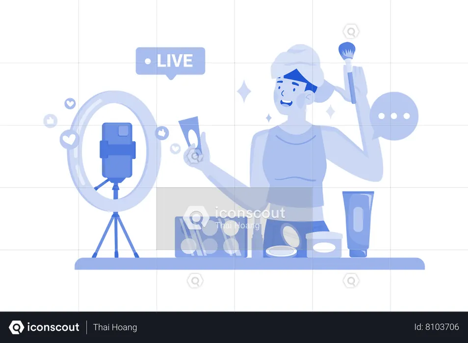 Une influenceuse beauté crée des tutoriels de maquillage sur des plateformes vidéo  Illustration