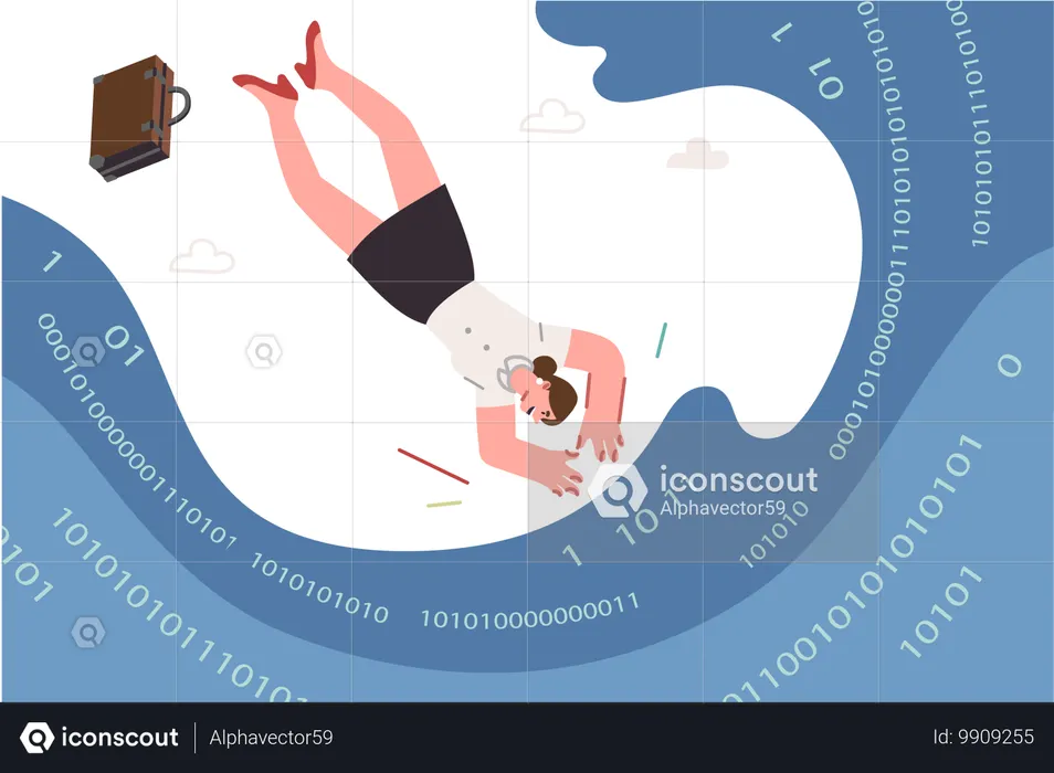 Une programmeuse plonge dans la mer de code informatique comme métaphore de l’apprentissage des langages de programmation  Illustration