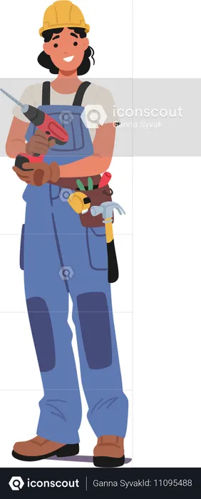 Une ouvrière porte un équipement de protection tout en se tenant debout en toute confiance avec une perceuse à la main  Illustration