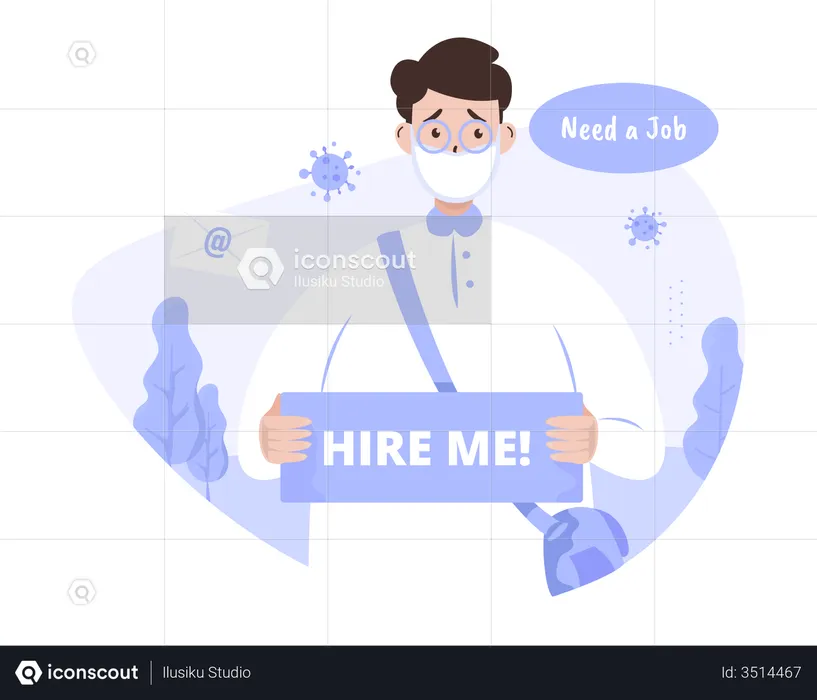 Unemployed man with hire me sign needs a job  Illustration