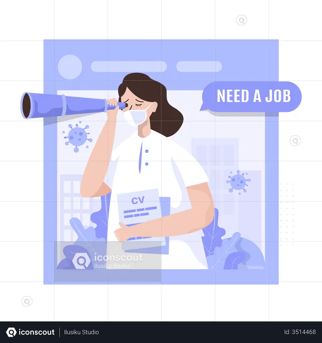 Unemployed woman looking for a job with binoculars  Illustration