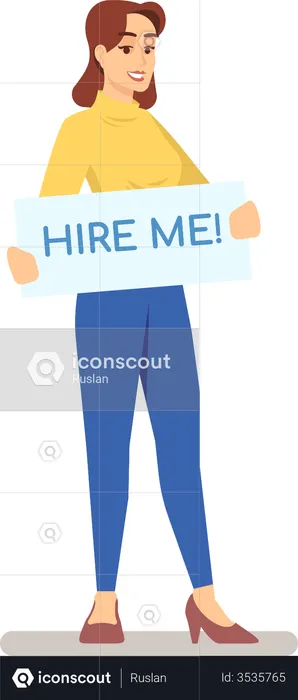 Unemployed woman with hire me sign board  Illustration