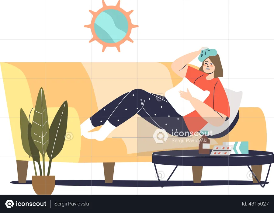 Ungesunde Frau liegt zu Hause auf der Couch  Illustration