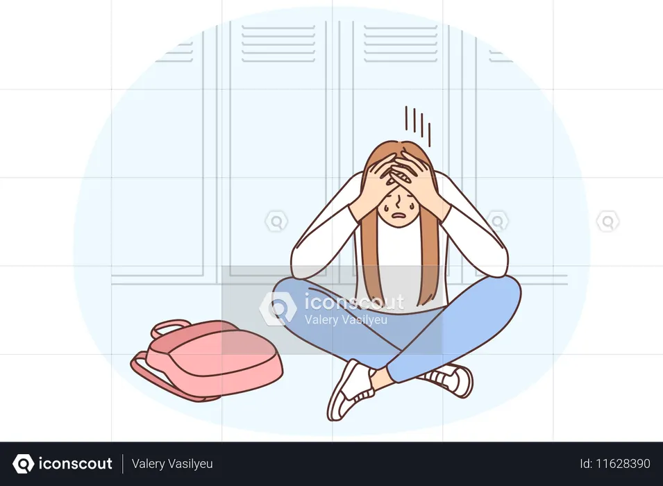 Unglückliches Mädchen sitzt in der Schule weinend auf dem Boden und leidet unter Mobbing  Illustration