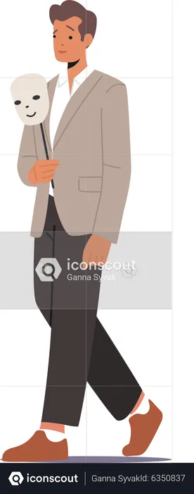 Unhappy businessman hide real face under mask  Illustration