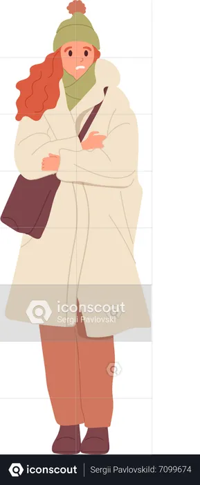 Unhappy frowning young woman character freezing embracing body with arms protecting from cold  Illustration