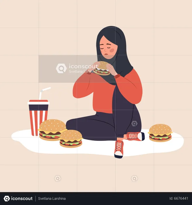 Best Unhappy girl eating excessive fast food Illustration download in ...