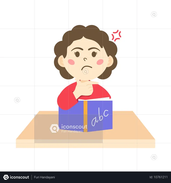 Unhappy girl holding english book  Illustration