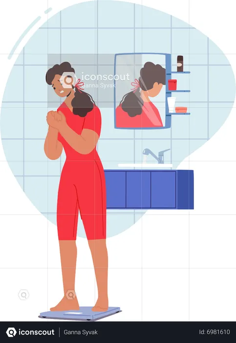 Unhappy girl standing on weight scale  Illustration