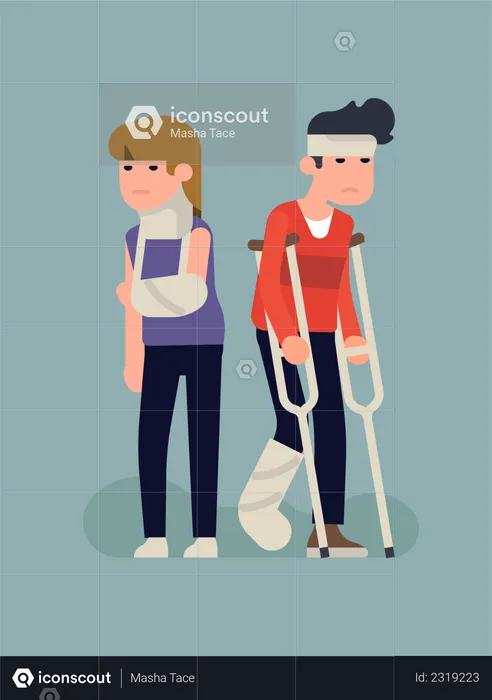 Unhappy injured woman and man with plaster cast on leg, arm and neck, crutches, bondage on head  Illustration