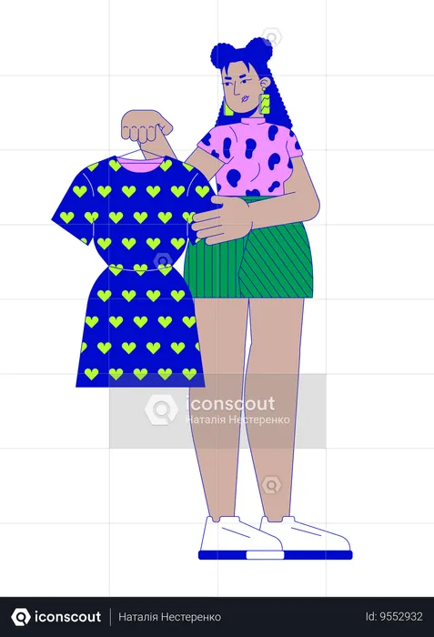 Unhappy latina woman holding hanger with dress  Illustration