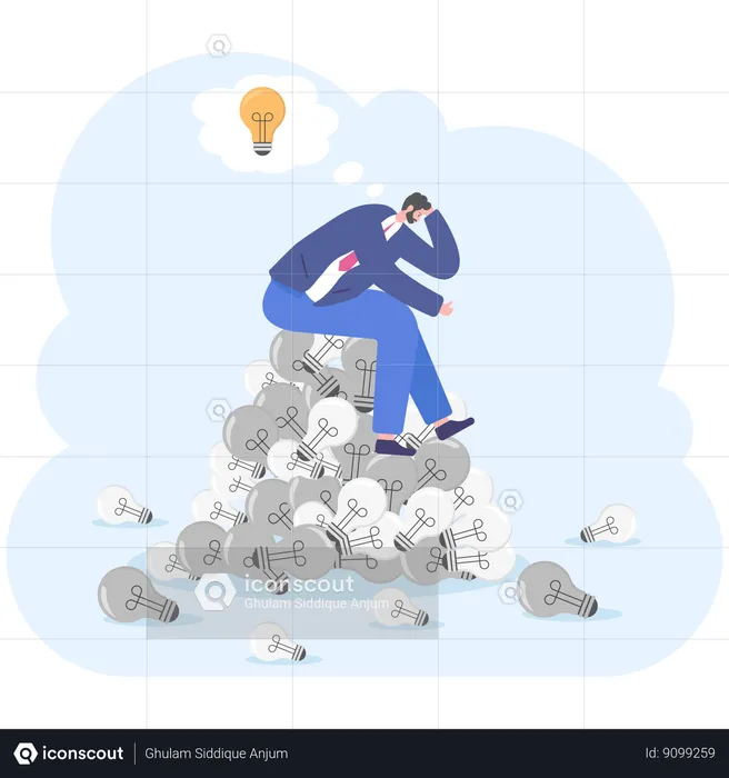 Unhappy male employee sitting on pile of unworkable light bulbs  Illustration