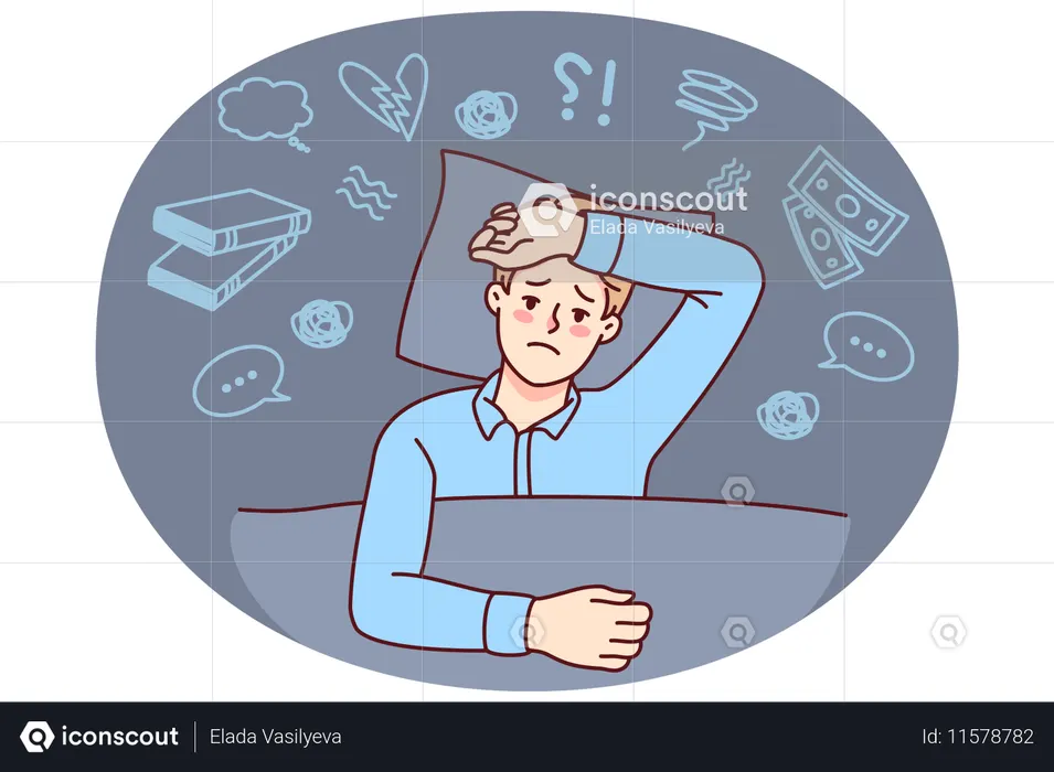 불행한 남자는 불면증에 시달리고 너무 많이 생각한다  일러스트레이션