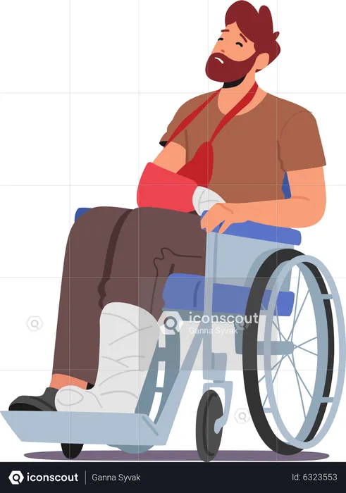Unhappy man with leg fracture sitting on wheelchair  Illustration