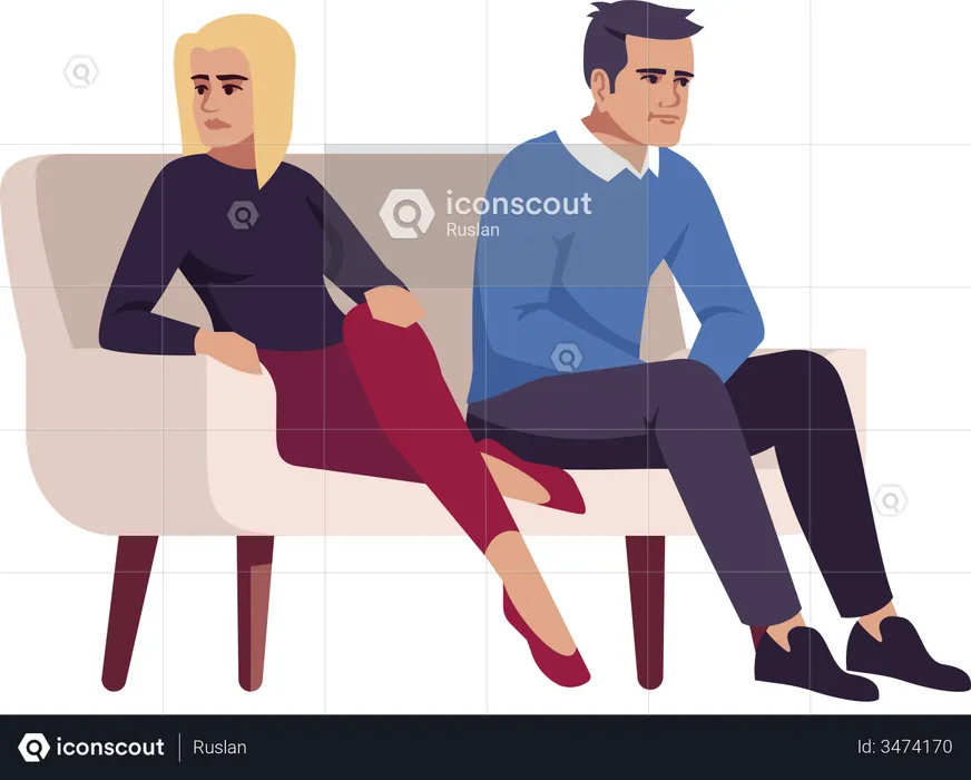 Unhappy married couple sitting on couch  Illustration
