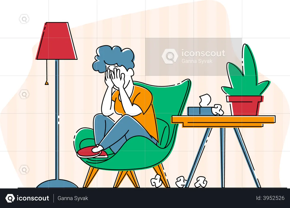 Unhappy Sad Female Crying  Sitting in Chair  Illustration