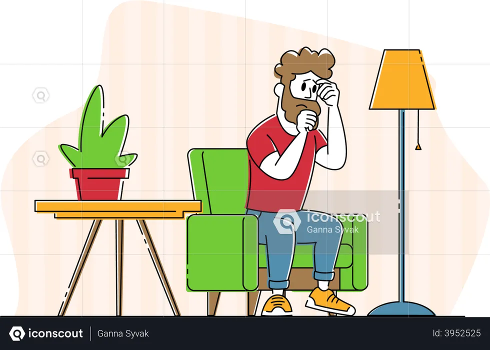 Unhappy Sad Man Sitting in Chair with Suffering Face Feel Bad cos of Quarrel with Wife  Illustration