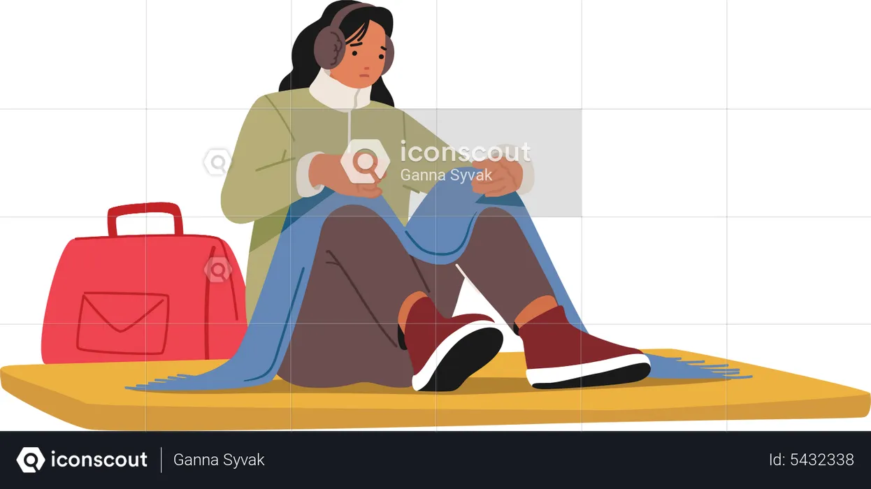 Unhappy Woman Refugee Wear Warm Clothes Sitting on Floor Mat Survive during War Conflict  Illustration