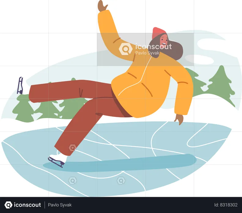 Unhappy Woman Slips On The Icy Rink  Illustration