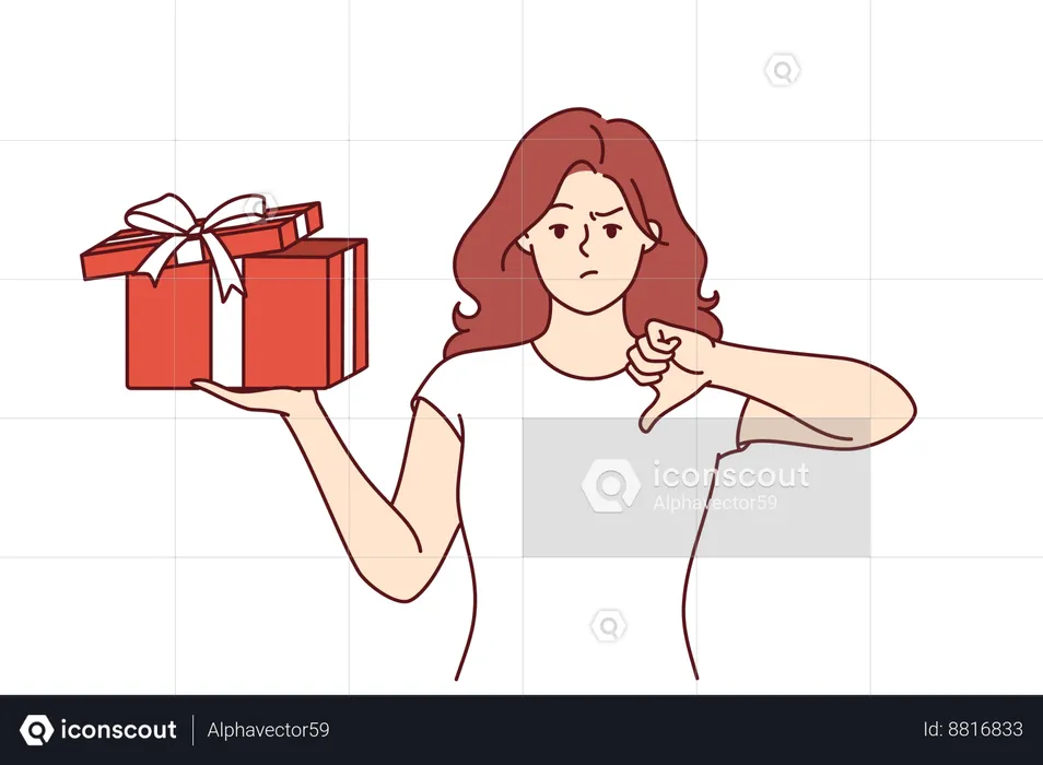 Unhappy woman standing with gift  Illustration