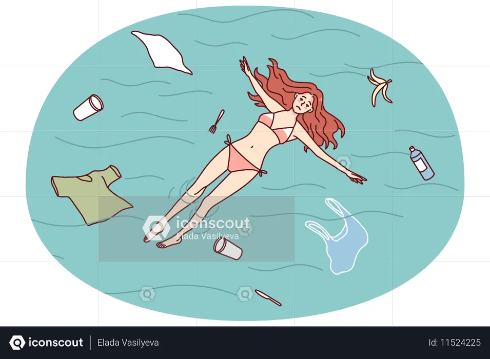 Unhappy woman swimming in polluted ocean  Illustration