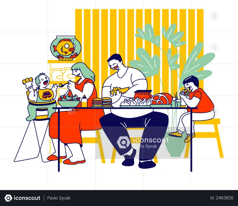Unhealthy Family eating fast food  Illustration