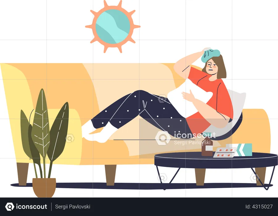 Unhealthy woman lying on couch at home  Illustration