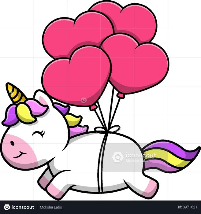 Unicorn Floating With Heart Balloon  Illustration