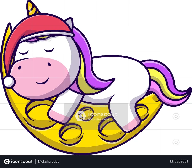 Unicorn Sleeping On Moon Wearing Beanie Hat  Illustration