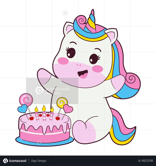 Unicórnio com bolo de aniversário  Ilustração