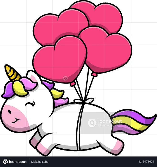 Unicornio Flotando Con Globo De Corazón  Ilustración