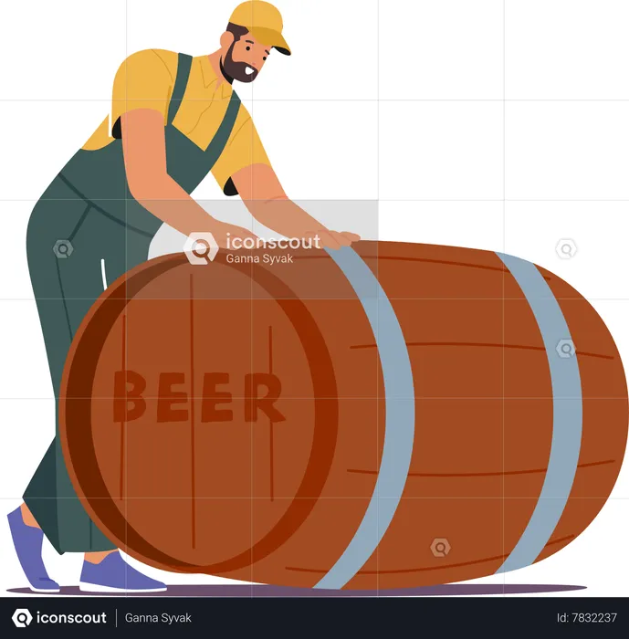 Le travailleur masculin porte un baril de bière en rouleaux uniformes  Illustration