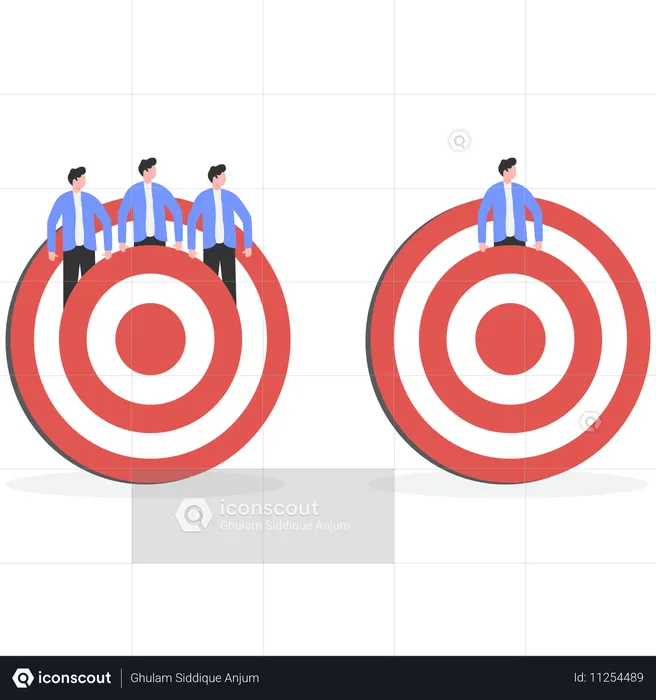 Unique businessman standing in crowd jumping from low height target to higher height target  Illustration