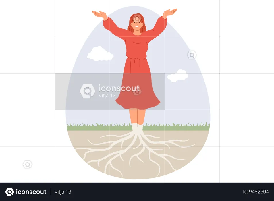 Unity of humanity and nature with happy woman connected with roots going underground  Illustration