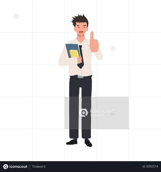 University Student is holding books and Showing Thumbs Up. Positive Gesture  Illustration