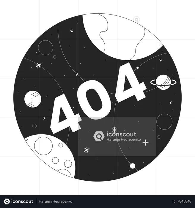 Universo con planetas con error 404.  Ilustración