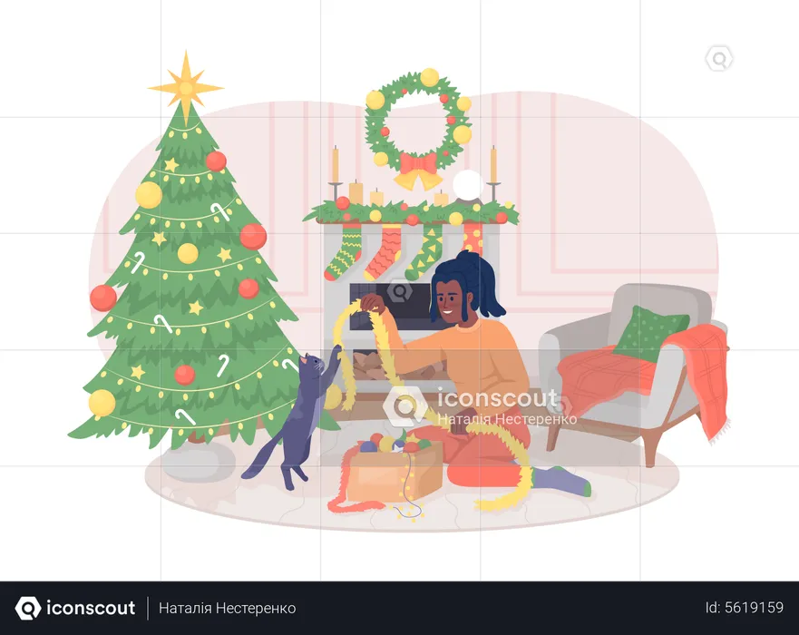 Unpacking Christmas decorations with cat  Illustration