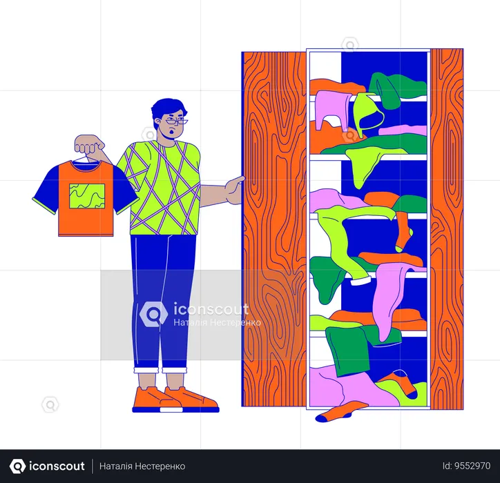 Unsatisfied arab man looking at full wardrobe  Illustration