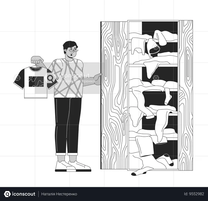 Unsatisfied arab man looking at full wardrobe  Illustration